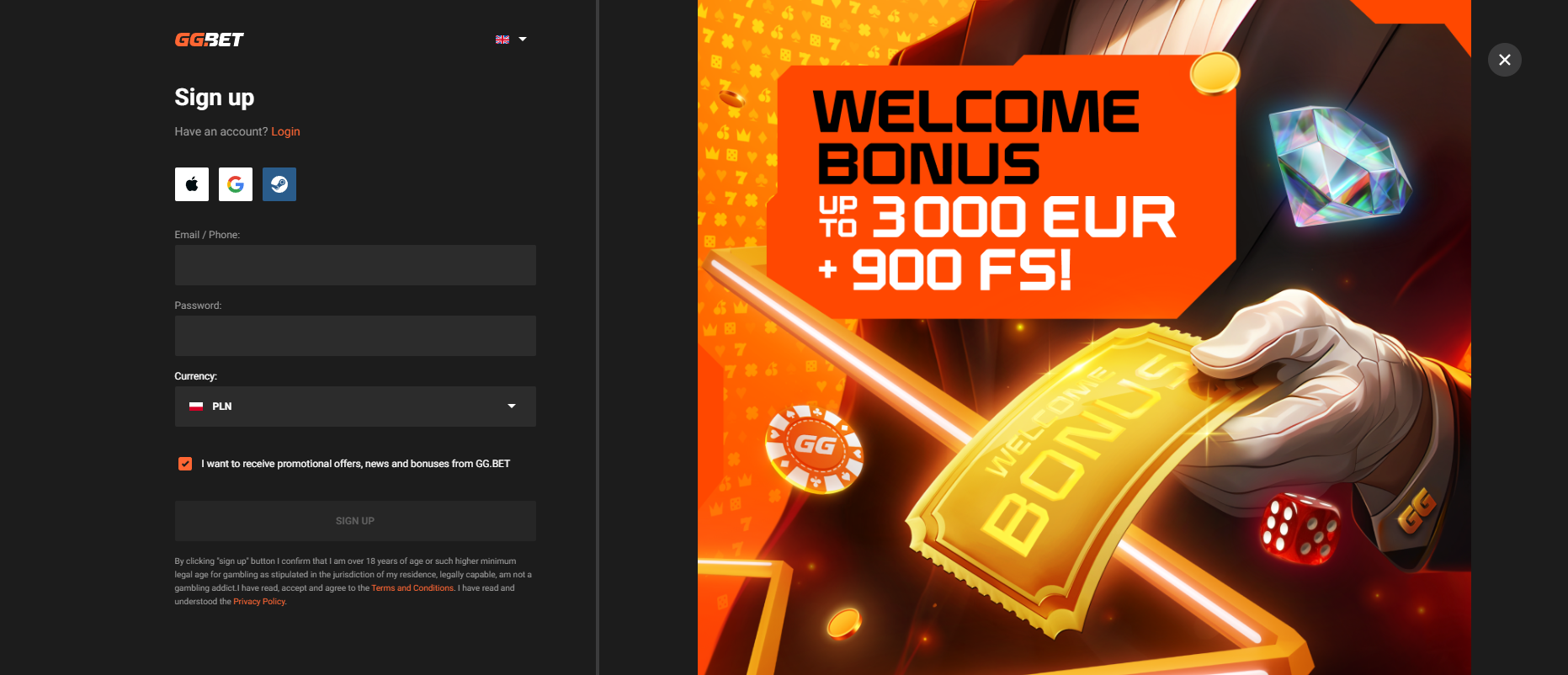 Ekran rejestracji GGbet Casino – formularz krok po kroku